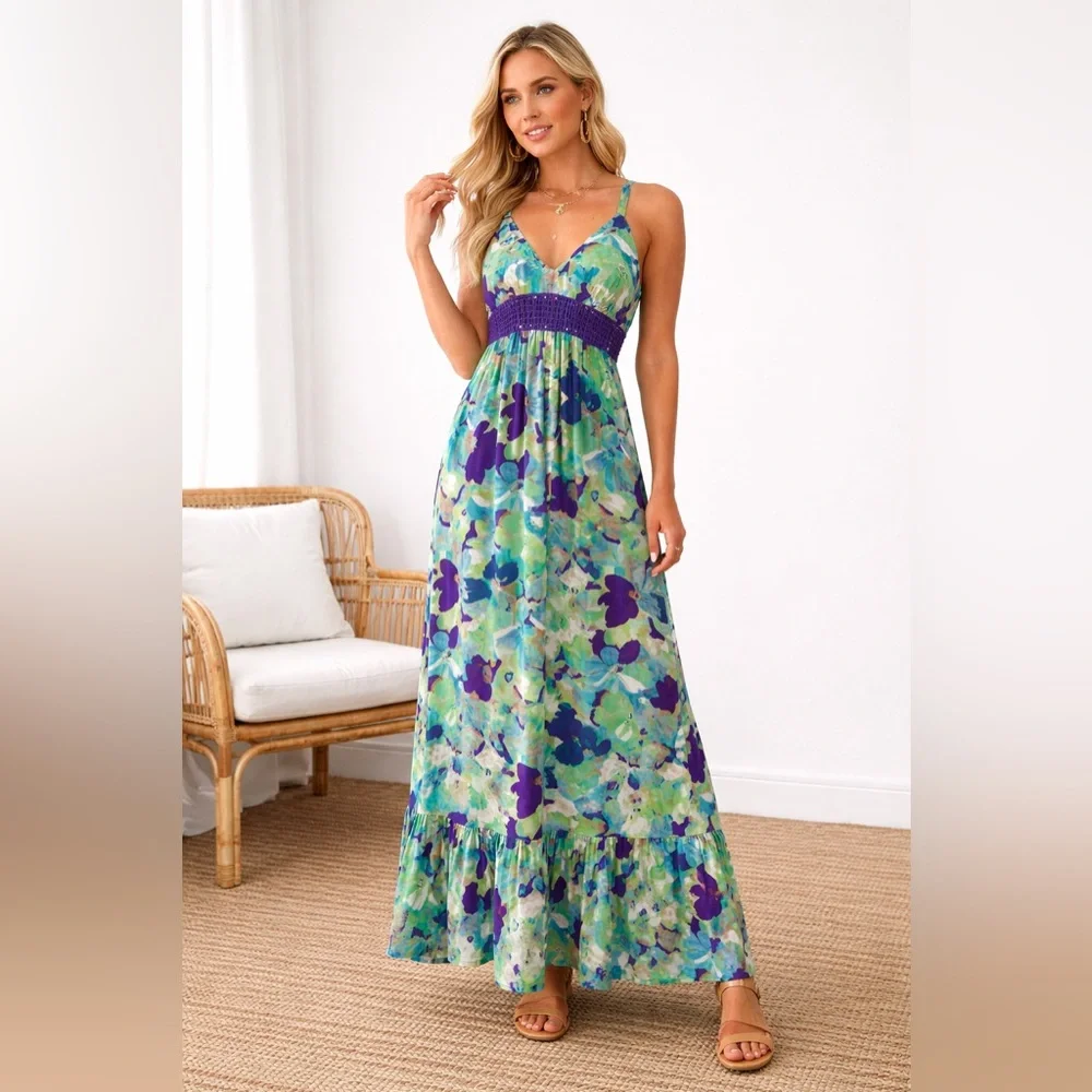 Like New 💚 Marciano Floral Maxi Dress Blue Green Purple Boho Summer Size S - Picture 1 of 9